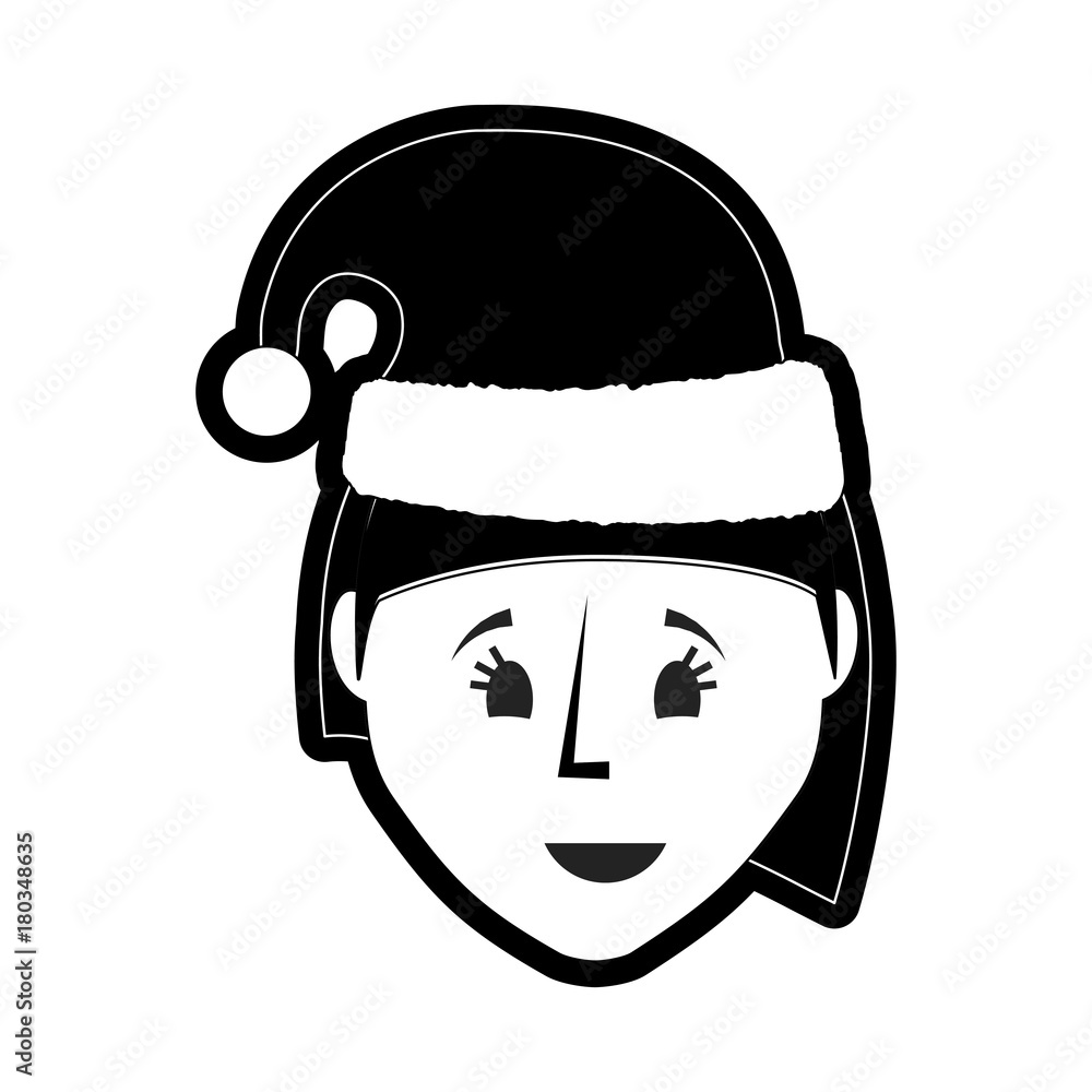 flat line monochromatic woman with santa hat over white background  vector illustration