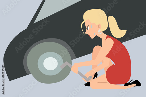 blonde girl changing a flat tire vector cartoon