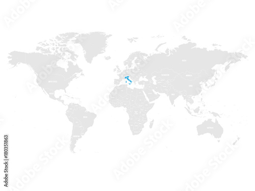 Italy marked by blue in grey World political map. Vector illustration.