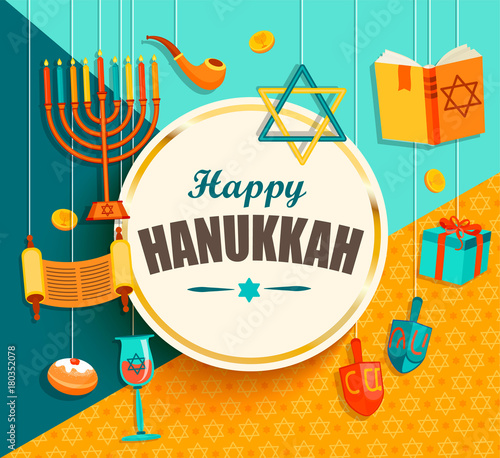 Hanukkah card with golden frame on geometric background with different hanukkah symbols. Vector illustration.