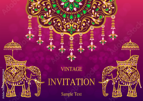 Wedding Invitation card templates with gold Elephant patterned and crystals on paper color.