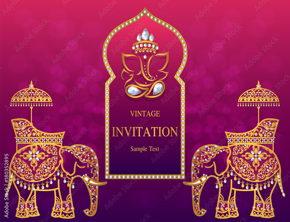 Wedding Invitation card templates with gold Elephant patterned and crystals on paper color. Wedding Invitation card templates with gold Elephant patterned and crystals on paper color.