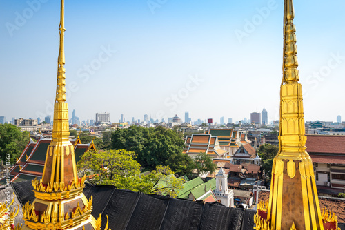 View from the the Buddhist temple Wat Ratchanatdaram to the financial district Sathon in downtown Bangkok