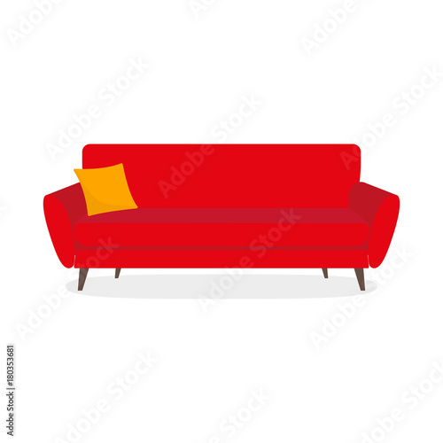 Sofa icon. Red couch with cushion or pillow. Furniture for living room. Vector illustration.