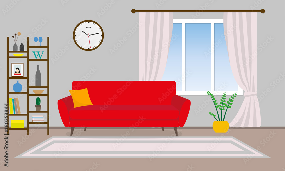 Living room interior. Vector background with sofa, shelf, pictures and  window with curtains. Home or house design. Modern decor. Vector  illustration. Stock Vector | Adobe Stock