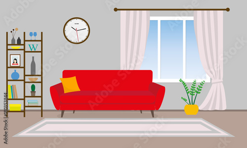 Living room interior. Vector background with sofa, shelf, pictures and window with curtains. Home or house design. Modern decor. Vector illustration. 