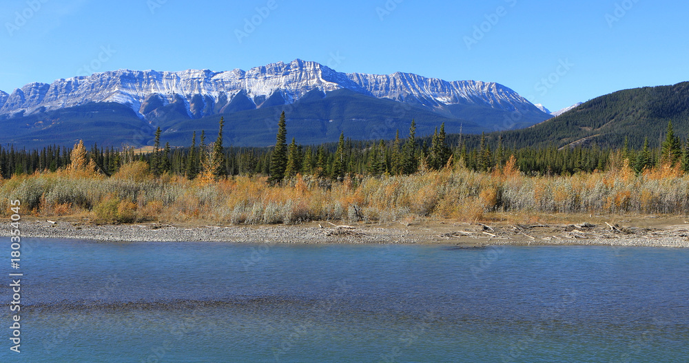 Rocky Mountain peaks with Athabasca River in foreground