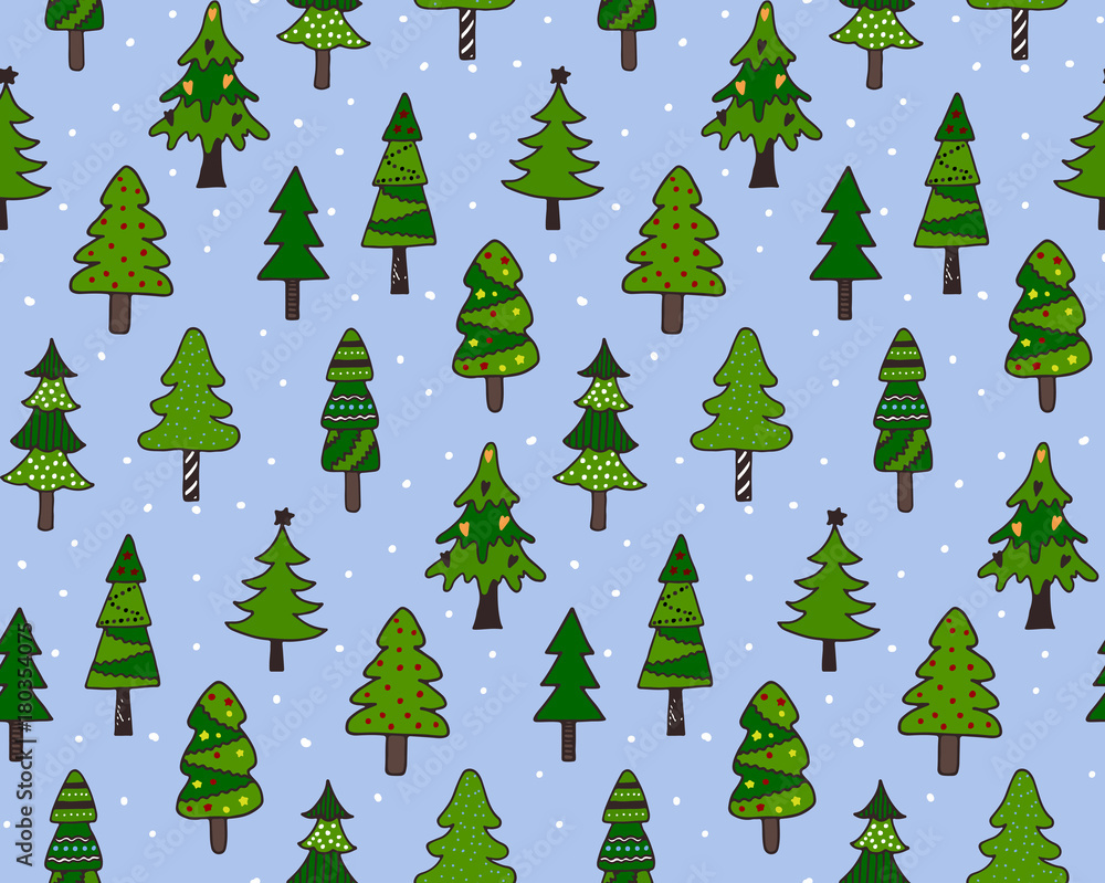 Seamless pattern with colorful doodle Christmas trees.