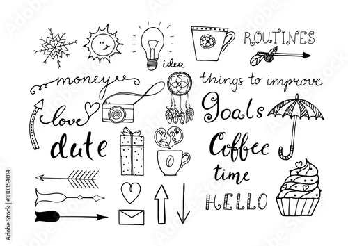 Hand drawn doodle set for notebook or bullet journal.