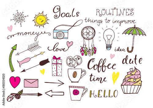 Hand drawn doodle set for notebook or bullet journal.