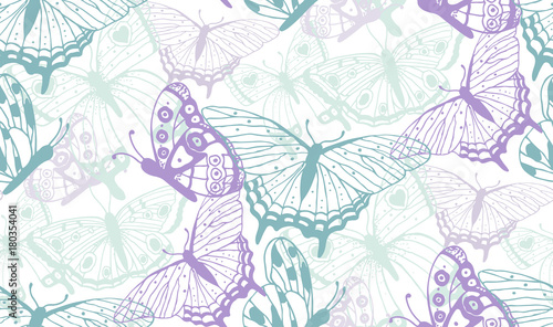 Seamless pattern with white hand drawn butterflies.