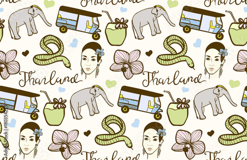 Seamless pattern with hand drawn Thailand doodles.