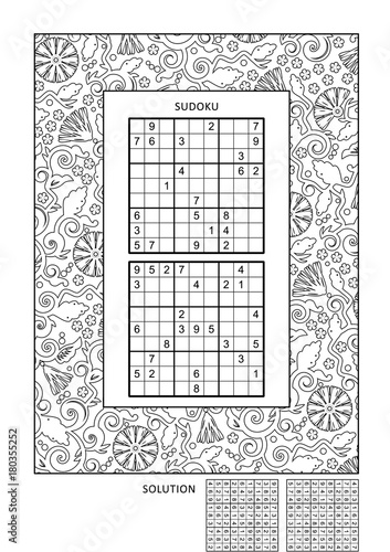 Puzzle and coloring activity page for grown-ups with two sudoku puzzles of comfortable level and wide decorative frame to color. Family friendly. Answer included.
