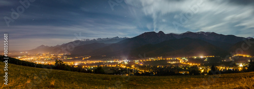 Panorama Tatra mountains and Zakopane at night from Koscielisko, Poland