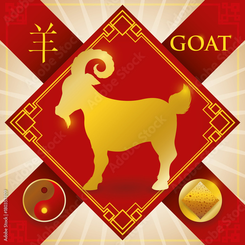 Charm with Chinese Zodiac Goat, Earth Element and Yin Symbol, Vector Illustration