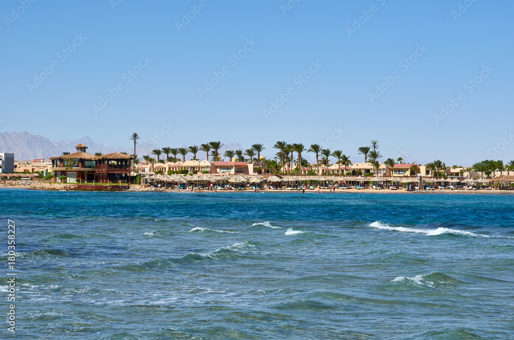 Sea landscape background with buildings. Travel and romantic idea