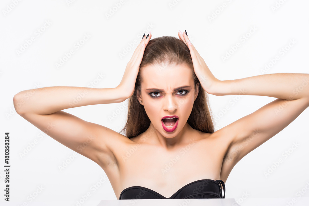 Obraz premium Beauty Fashion surprised Woman portrait. Beautiful model girl with perfect make up exited, screaming and open and mouth. Headshot. Emotions. Isolated on a white background