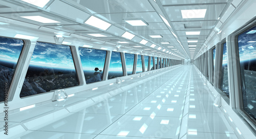 Spaceship corridor with view on the planet Earth 3D rendering elements of this image furnished by NASA photo