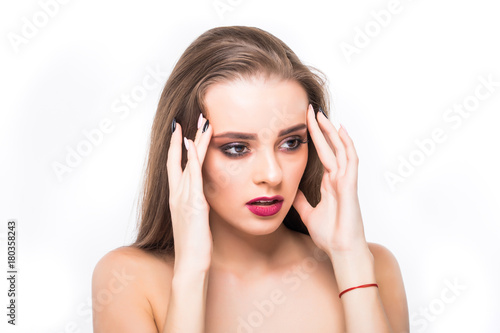 Wallpaper Mural Beauty Woman Portrait. Professional Makeup for Brunette with Blue eyes - Red Lipstick, Smoky Eyes. Beautiful Fashion Model Girl. Perfect Skin. Make up. Isolated on a White Background. Torontodigital.ca