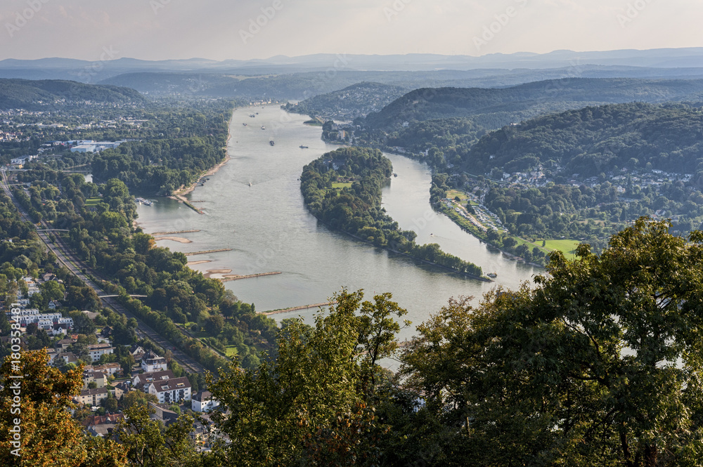 Panorama view from the Drachenburg / Drachenfelsen to the river Rhine and the Rhineland, Bonn, Germany, Europe