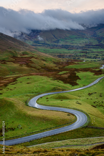 Beautiful autumn scenery in the Peak District - "S" shaped curve of the road at Mam Tor - view from the top
