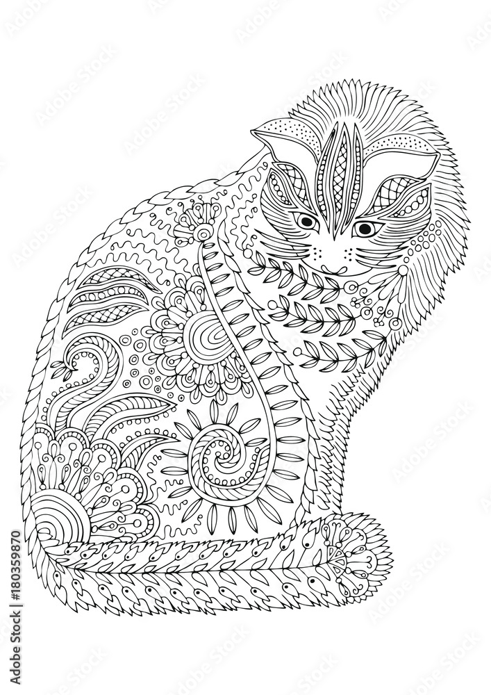 Hand drawn cat. Sketch for anti-stress adult coloring book in zen