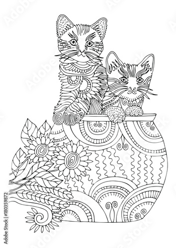 Hand drawn two kittens in vase. Sketch for anti-stress adult coloring book in zen-tangle style. Vector illustration for coloring page.
