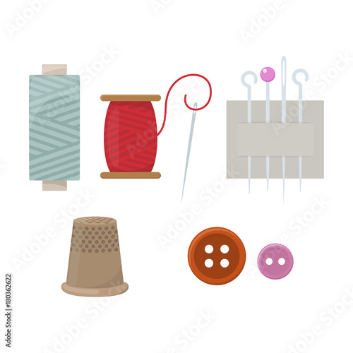 Threads, needles, thimble and buttons, cartoon illustration of accessories for sewing. Vector