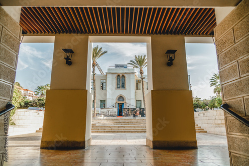 Neve-Tzedek buildings in Tel-Aviv Jaffa. Old place for tourism. Urban city. photo