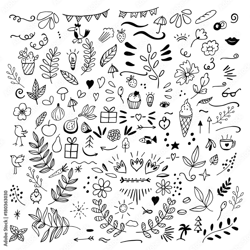 Fototapeta premium Set of doodles of florals, fruits, arrows, flowers, birds, thing