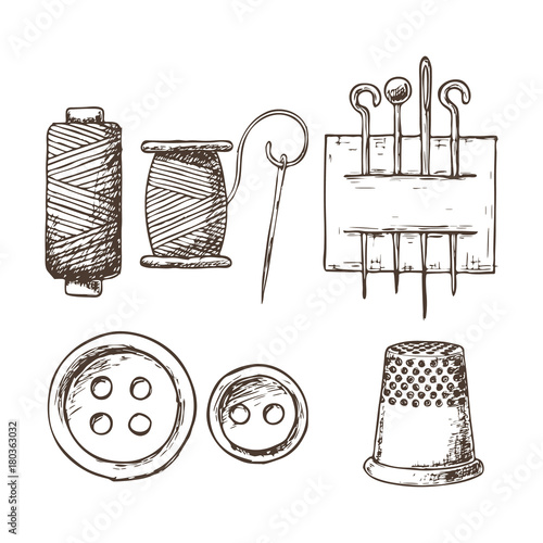 Threads, needles, thimble and buttons, sketch illustration of accessories for sewing. Vector