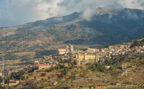 Scenic mountain village in rugged landscape of island of Sicily