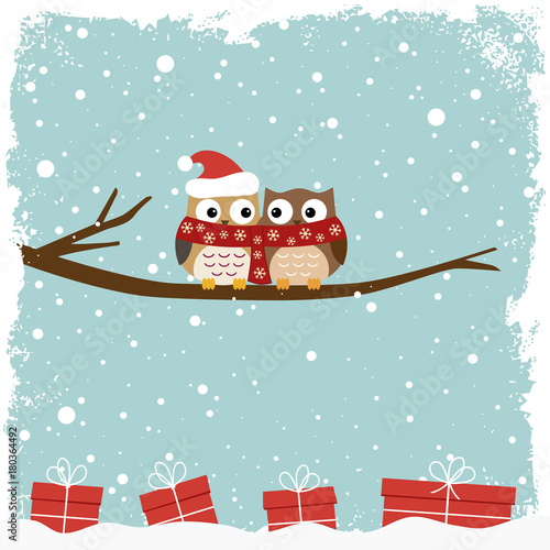 Winter card with two owls and collection of gift boxes