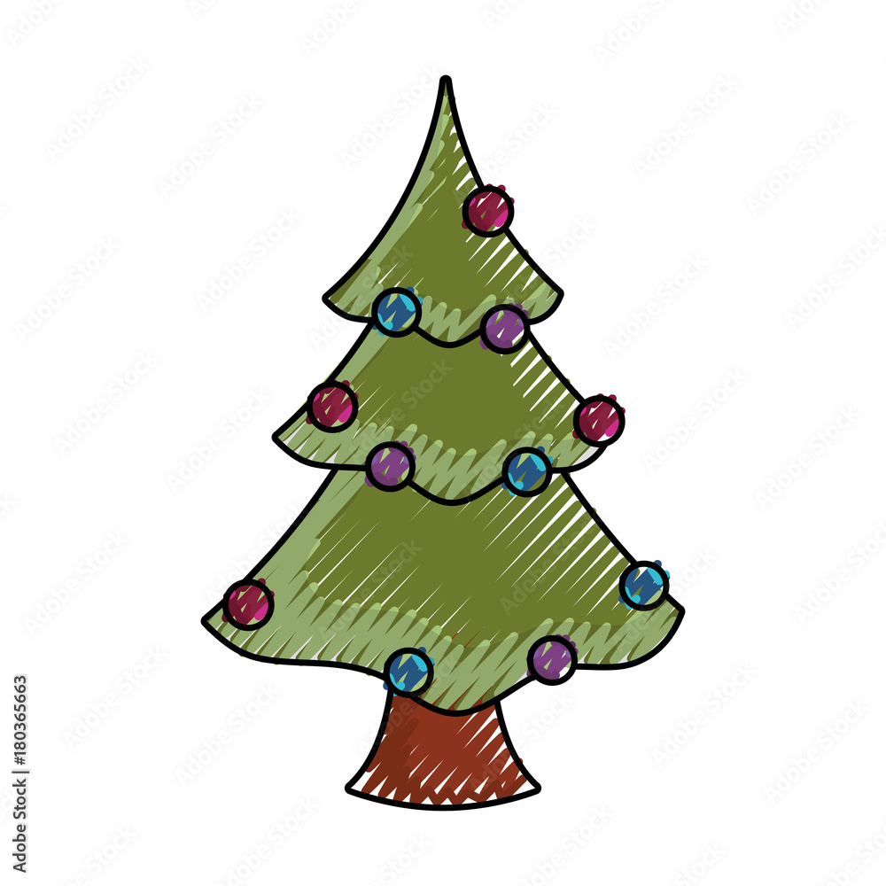 flat line colored christmas tree over white  background  vector illustration