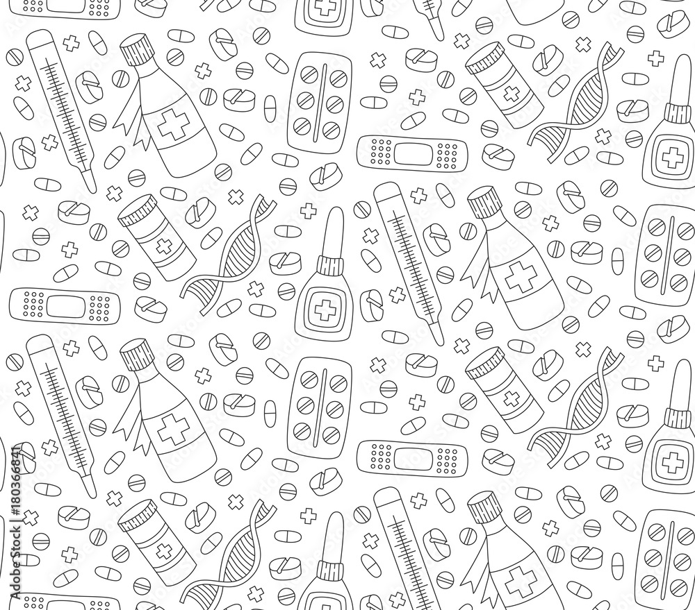 Medical doodle icons seamless vector pattern