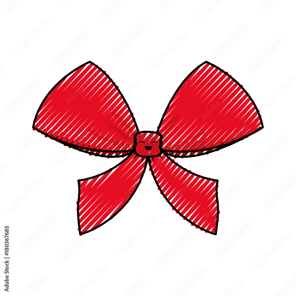 flat line colored christmas bow  doodle over white background  vector illustration