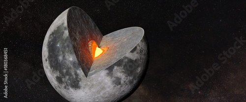 Moon structure, crust, mantle, core, in front of a star field 
