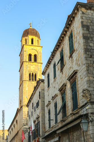 Wallpaper Mural The bell tower of the Franciscan church and monastery in the main city street Stradun in Dubrovnik, Croatia. Torontodigital.ca