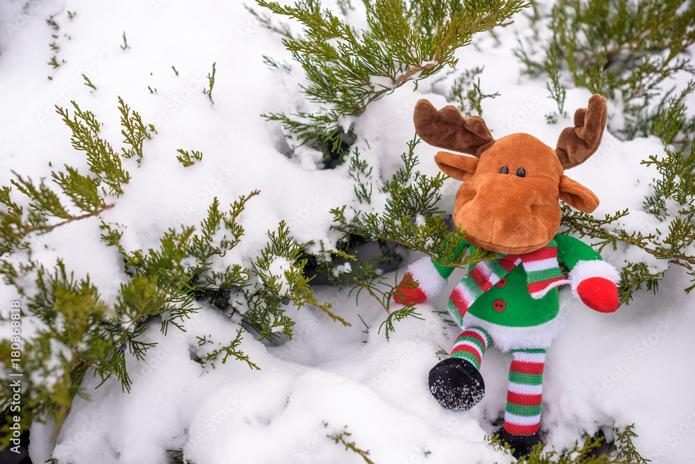 Obraz premium Christmas toy deer in holiday clothes among snow, blurred background tree