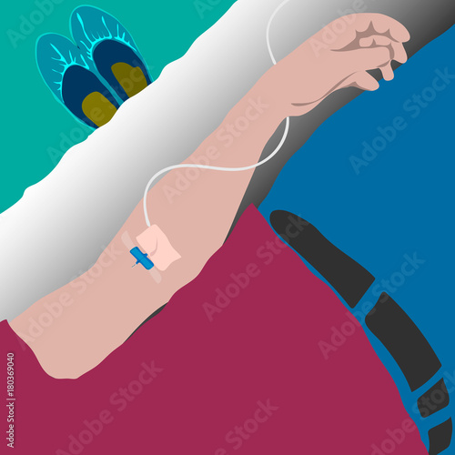 the patient lies in a hospital bed on a drip. intravenous injection