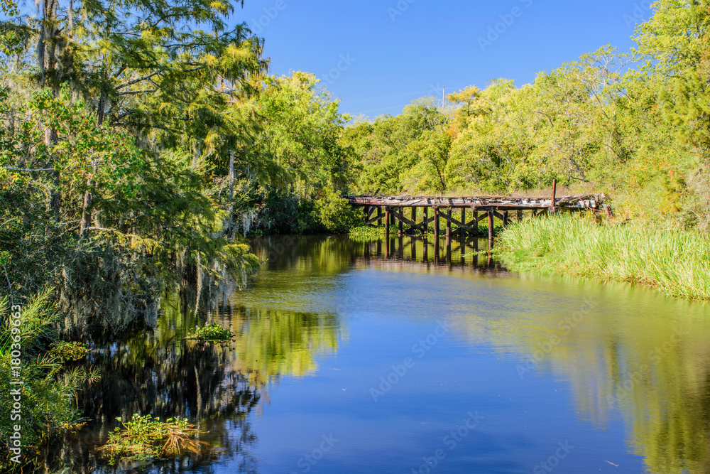 Abandoned railroad bridge is a reminder of logging in the 19 century which devastated the cypress forest around Lake Pontchartrain in Louisiana Abandoned railroad bridge is a reminder of logging in the 19 century which devastated the cypress forest around Lake Pontchartrain in Louisiana