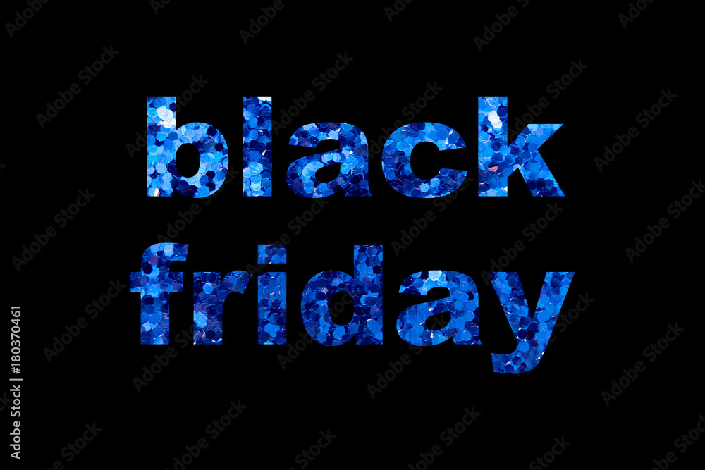 Black friday text with shiny blue sequins texture on black background