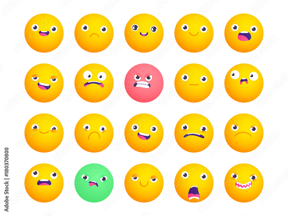 Set of circle emoji. Smile icons. Vector emoticons isolated on white. Funny flat style emoji