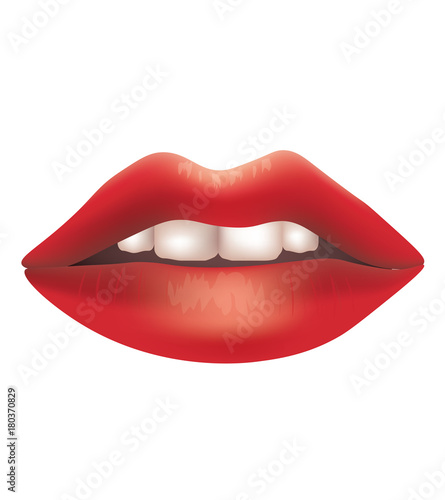 Red lips with teeth on white background, vector