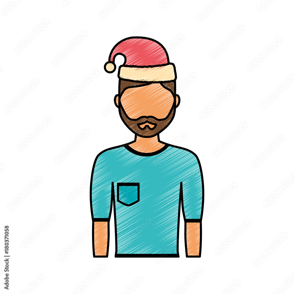 flat line colored man with  santa hat  over  white background  vector illustration