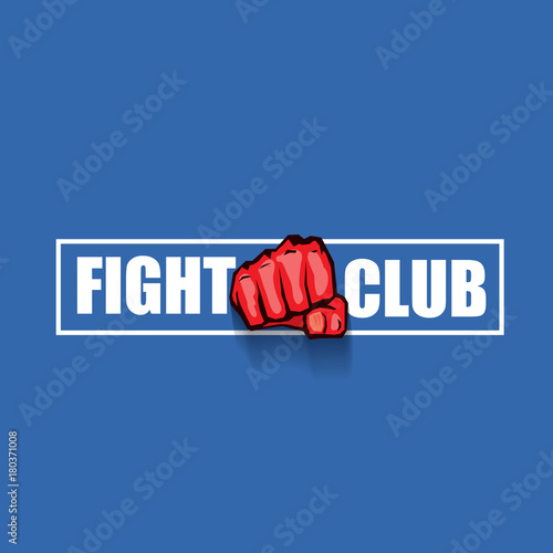 fight club vector logo with red man fist isolated on blue background. MMA Mixed martial arts design template