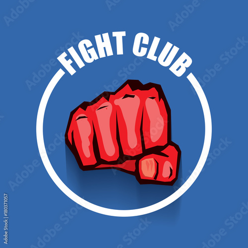 fight club vector logo with red man fist isolated on blue background. MMA Mixed martial arts design template