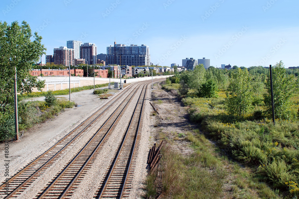 Fototapeta premium Three railroad tracks curve and vanish away into the distance
