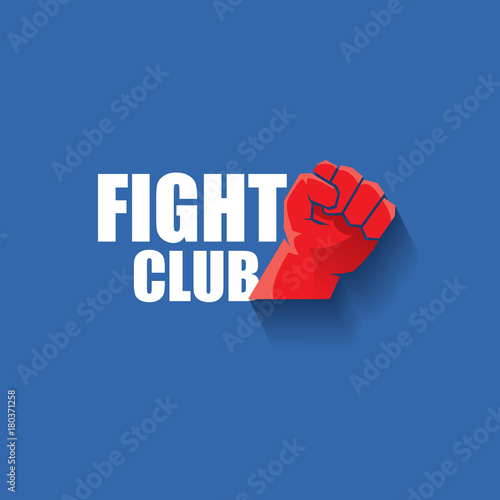 fight club vector logo with red man fist isolated on blue background. MMA Mixed martial arts design template