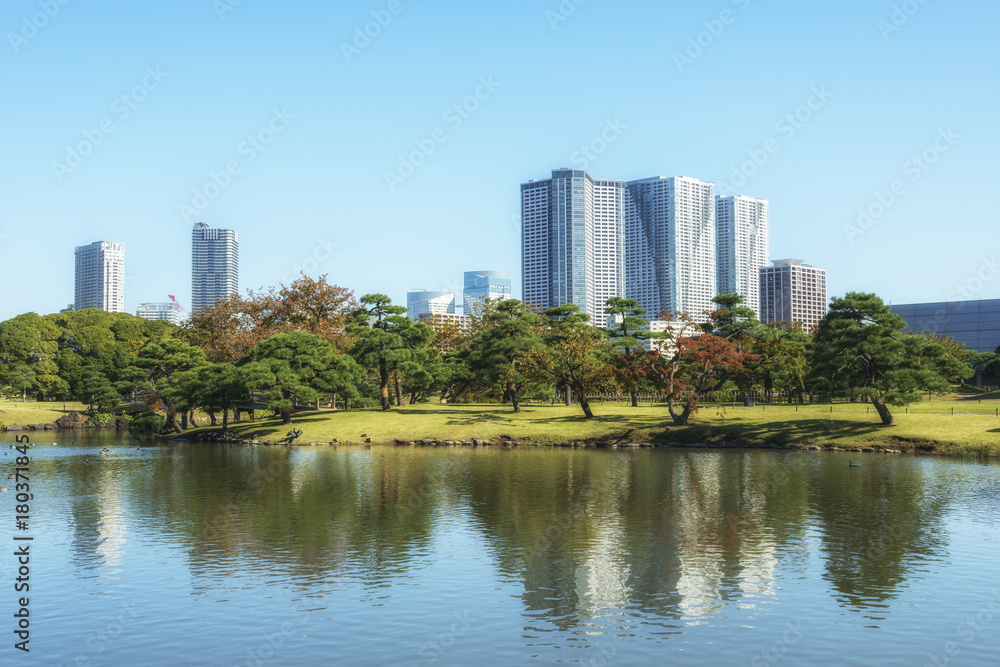 Panoramic Tokyo view from the Hamarikyu Gardens. Reflection in the pond. Japan.